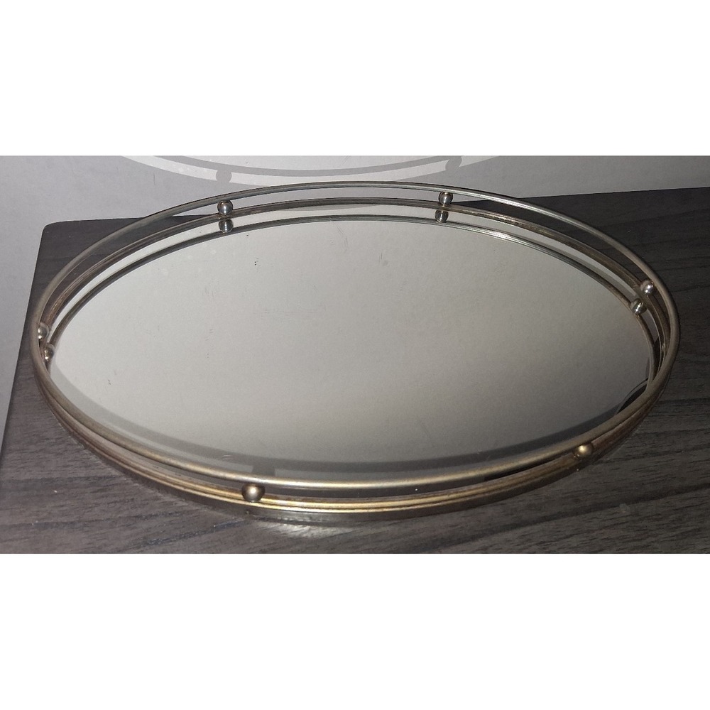 Vintage Oval Mirrored Vanity Tray Gold Tone Metal Gallery Rail 15 x 10